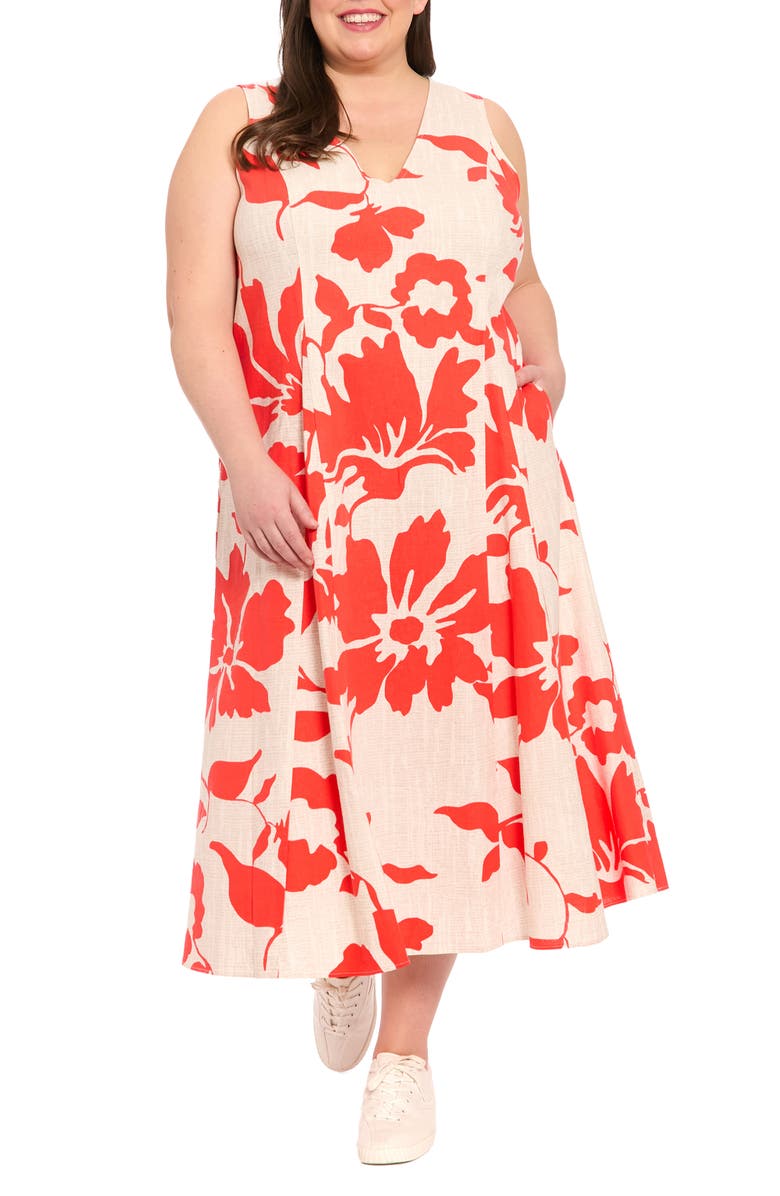 London Times V-Neck Sleeveless Godet A-Line Dress, Main, color, Ivory/ Red