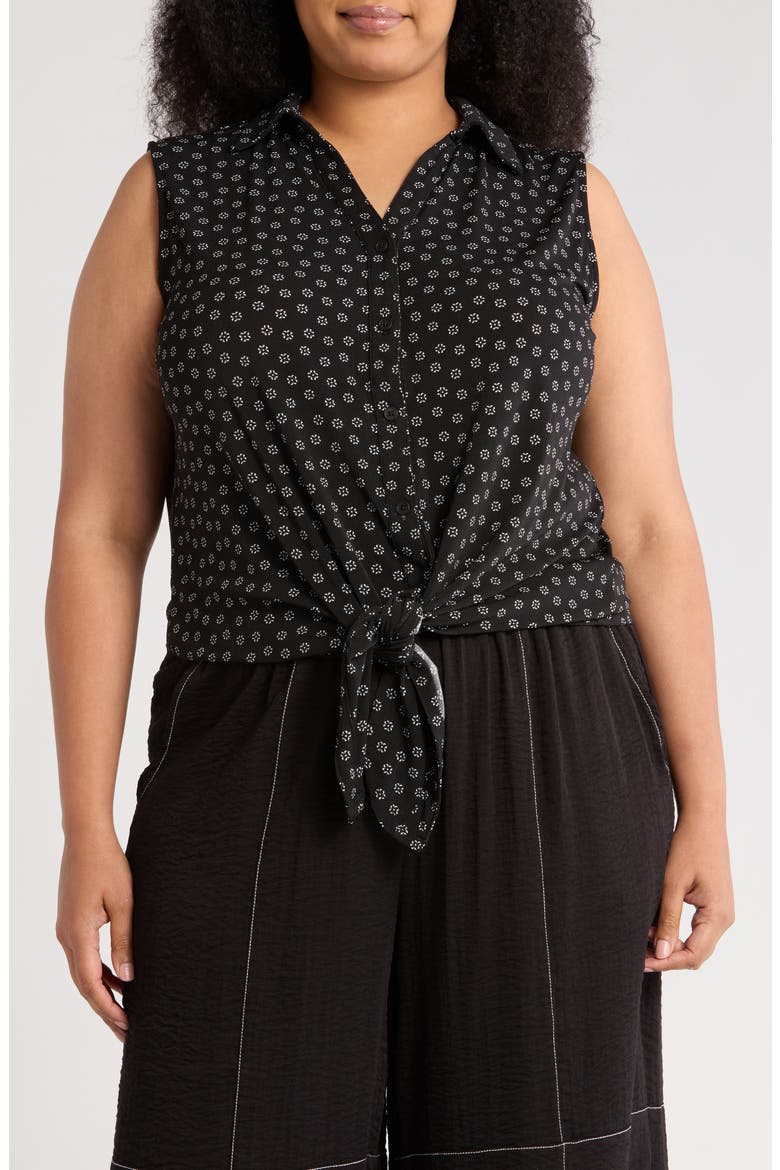 Sleeveless Tie Front Button-Up Top, Main, color, BLACK SMALL DAISY