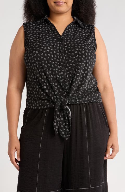 Sleeveless Tie Front Button-Up Top (Plus)