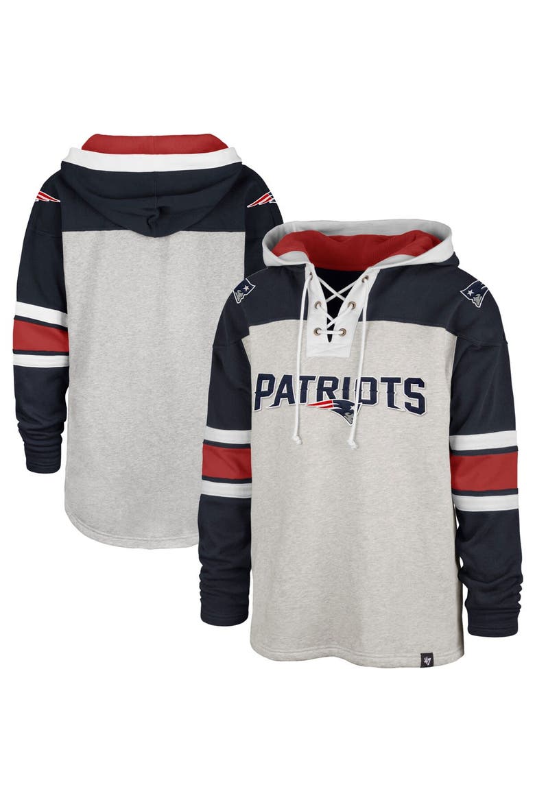 Men's '47 New England Patriots Heather Gray Gridiron Lace-Up Pullover Hoodie, Main, color, Gray