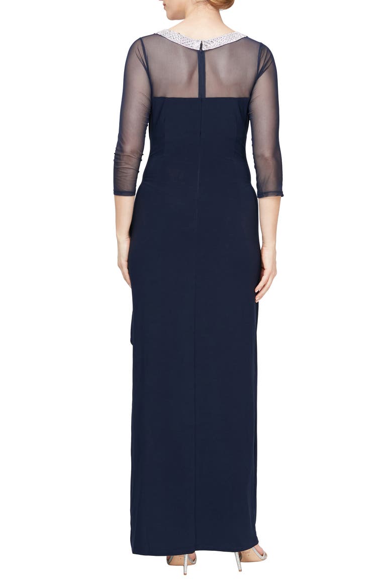 Embellished Illusion Neck Matte Jersey Gown, Alternate, color, NAVY