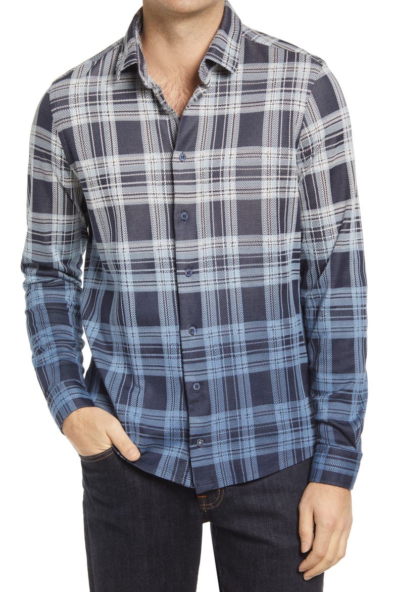 Plaid Dip Dye Knit Button-Up Shirt, Main, color, NAVY