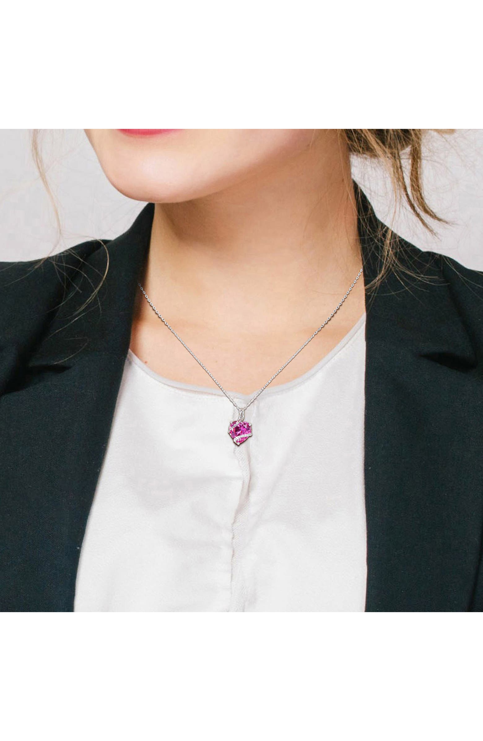 DELMAR Sterling Silver Lab Grown Pink Sapphire & Diamond Heart Pendant ...