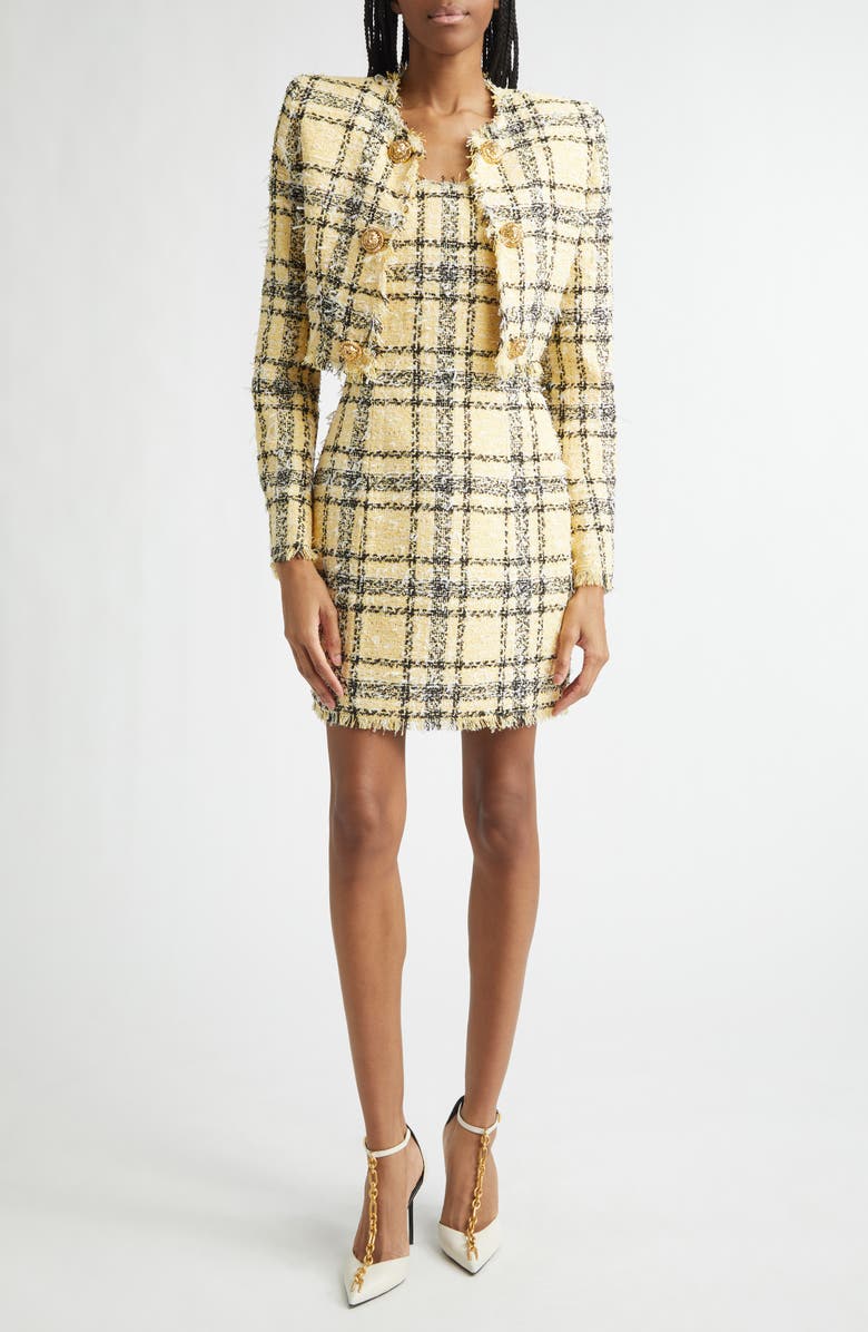 Balmain Check Glitter Tweed Minidress, Alternate, color, Yellow