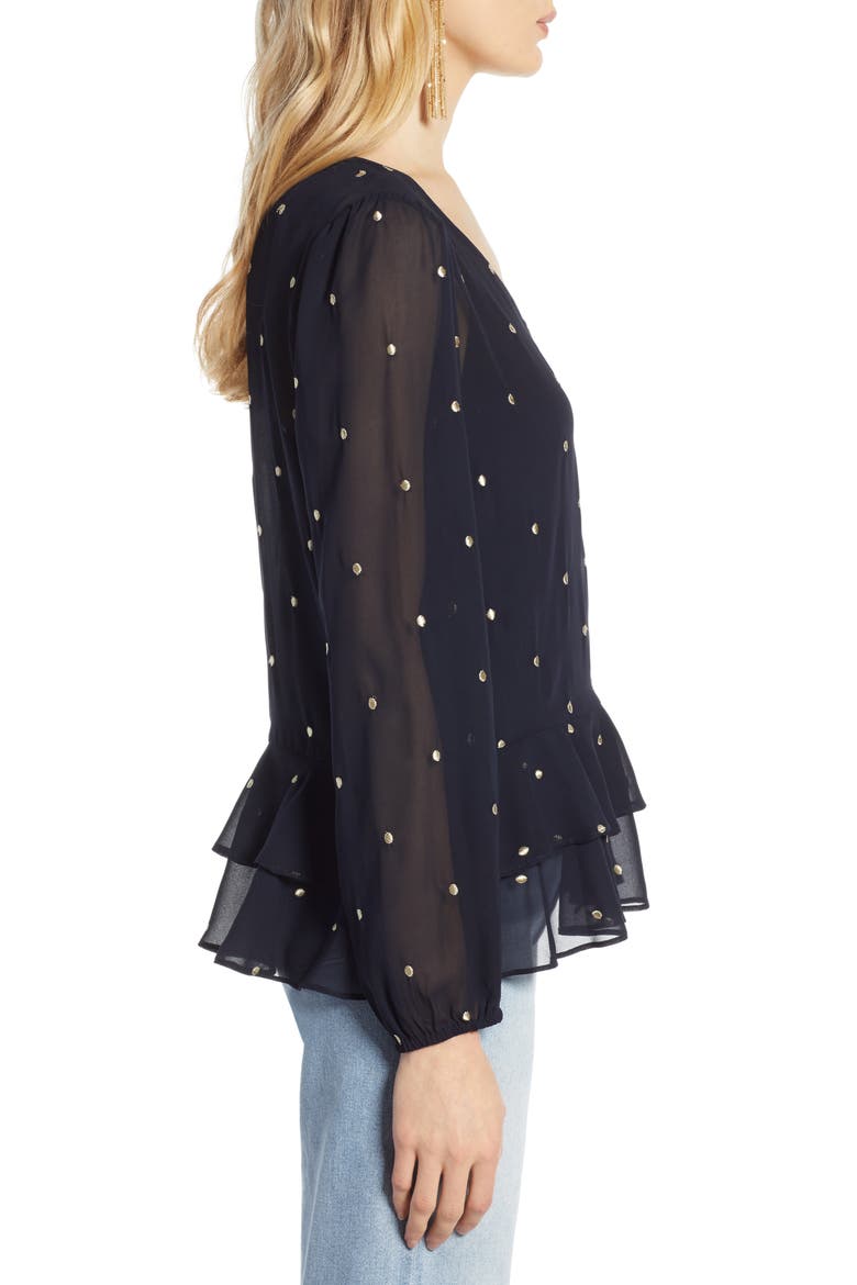 Ruffle Hem Metallic Dot Blouse, Alternate, color, NAVY- GOLD DOT