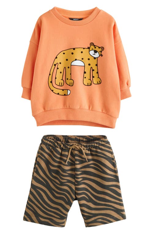 Next Kids' Oversize Leopard Crewneck Sweatshirt & Zebra Stripe Shorts Set In Orange