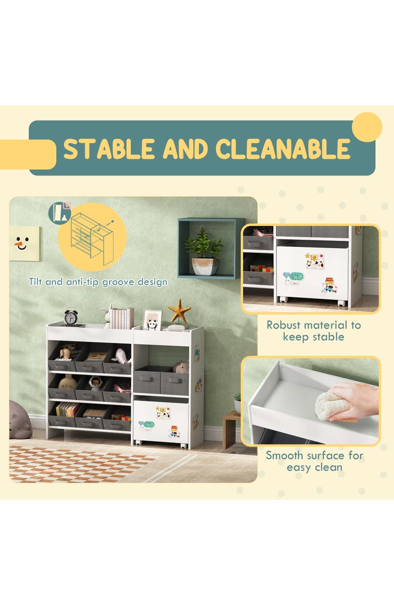Qaba Toy Storage Organizer with Shelves and Fabric Bins Moveable Cabinet and Stickers Toy Organizer for Nursery Playroom Bedroom, Alternate, color, White