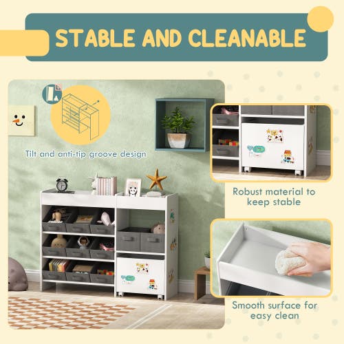 Qaba Toy Storage Organizer With Shelves And Fabric Bins Moveable Cabinet And Stickers Toy Organizer In White