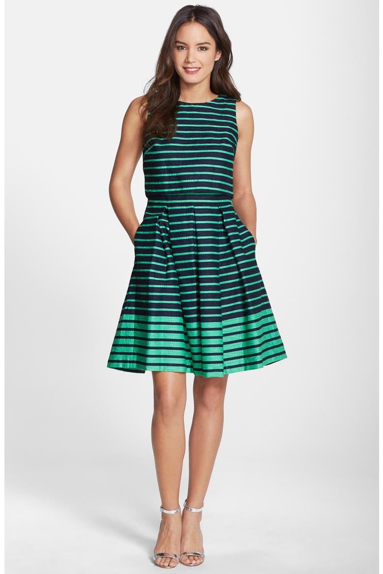 Stripe Jacquard Popover Fit & Flare Dress, Alternate, color, NAVY/ GREEN