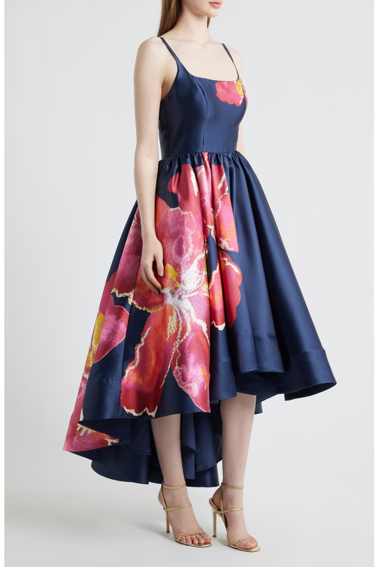 Shyloh Floral Mikado High-Low Gown, Alternate, color, NAVY/ RASPBERRY WATERCOLOR