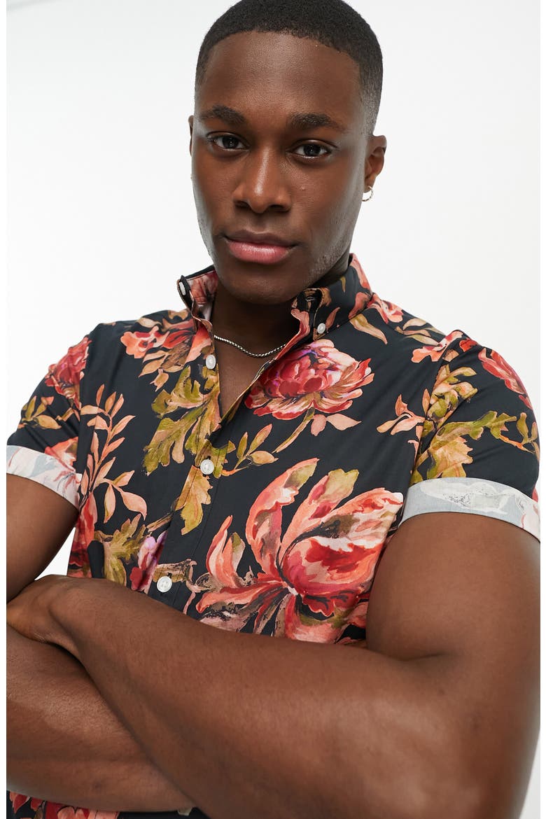 Slim Fit Floral Short Sleeve Stretch Cotton Button-Down Shirt, Alternate, color, BLACK