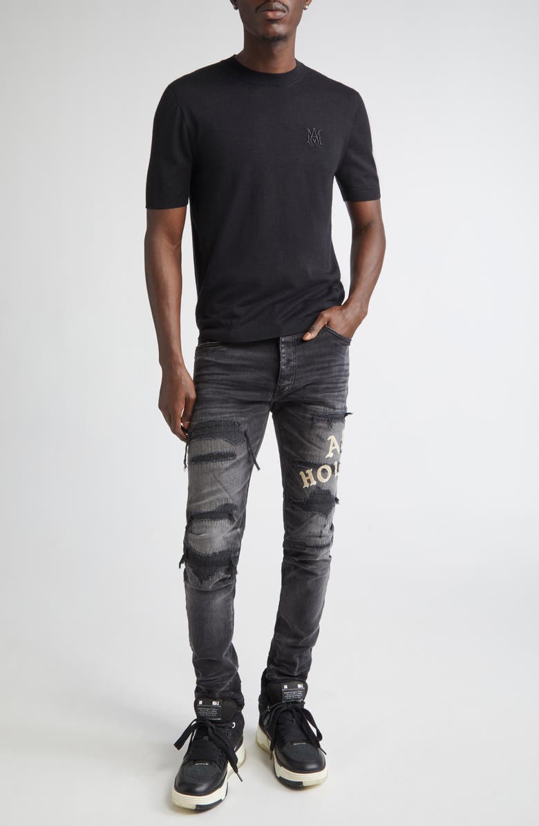 AMIRI MA Monogram Embroidered Short Sleeve Wool & Silk Sweater, Alternate, color, Black