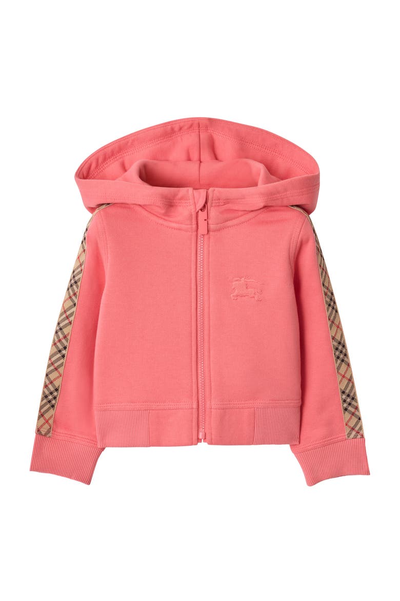 Girls' Check Trim Cotton Zip Hoodie, Main, color, Pale hibiscus pink