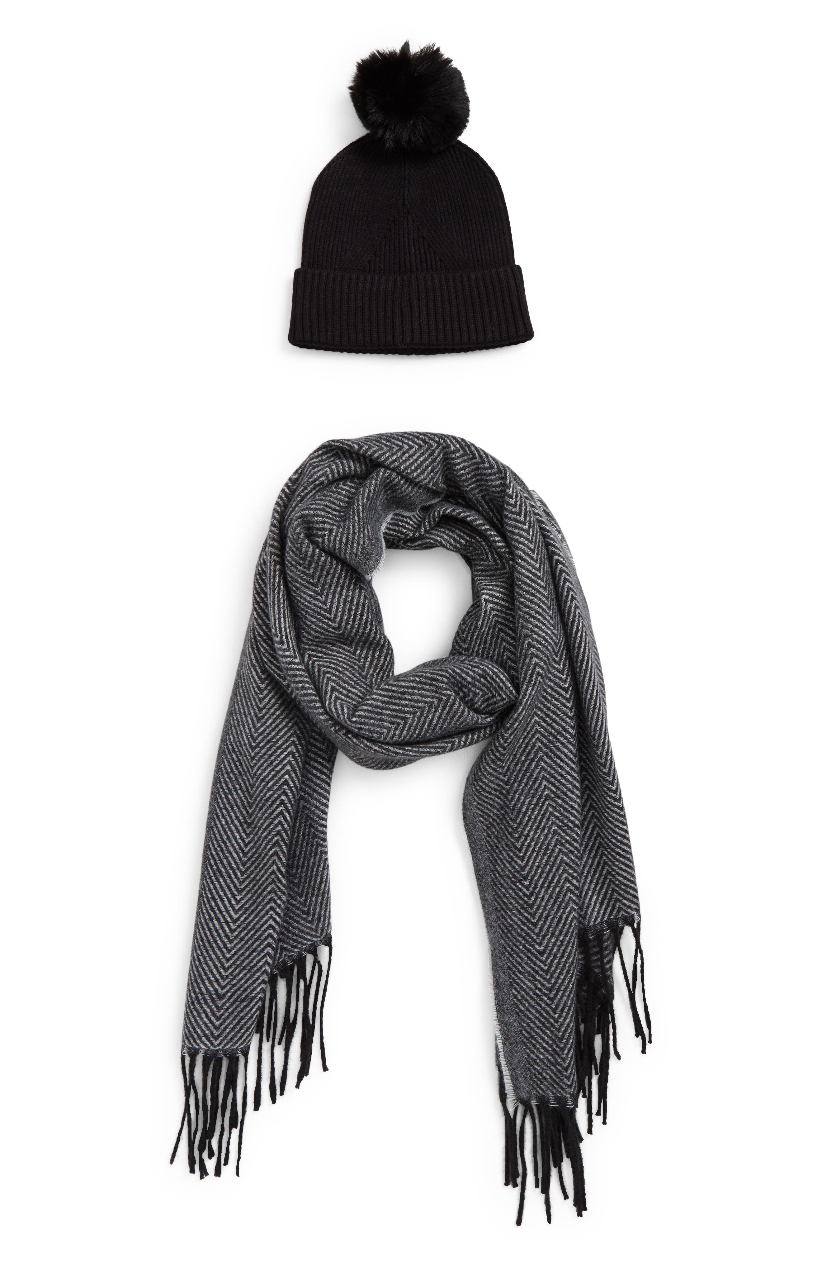 Vince Camuto Chevron Wrap Scarf &amp; Faux Fur Pompom Beanie Set