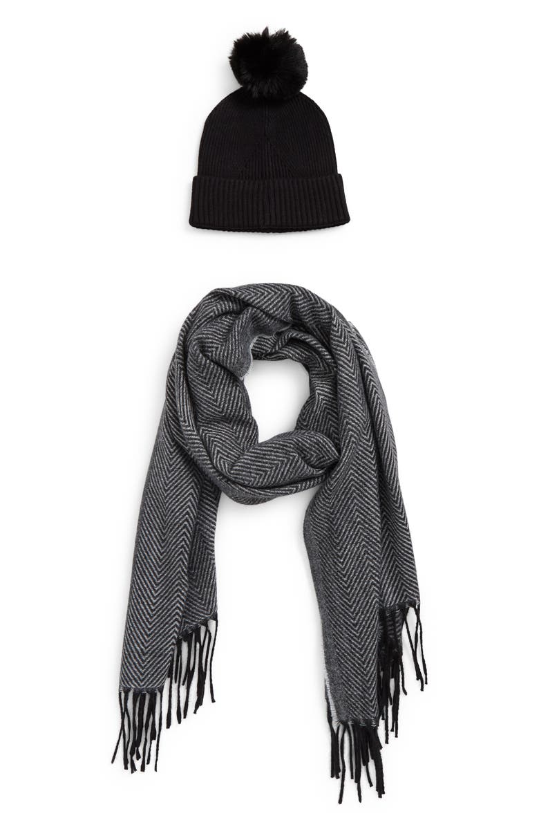 Vince Camuto Chevron Wrap Scarf & Faux Fur Pompom Beanie Set, Main, color, Black