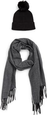 Vince Camuto Chevron Wrap Scarf & Faux Fur Pompom Beanie Set