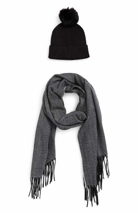 Vince Camuto Chevron Wrap Scarf & Faux Fur Pompom Beanie Set