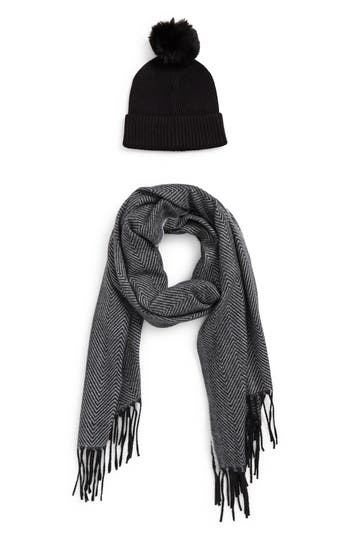 Vince Camuto Chevron Wrap Scarf & Faux Fur Pompom Beanie Set In Black