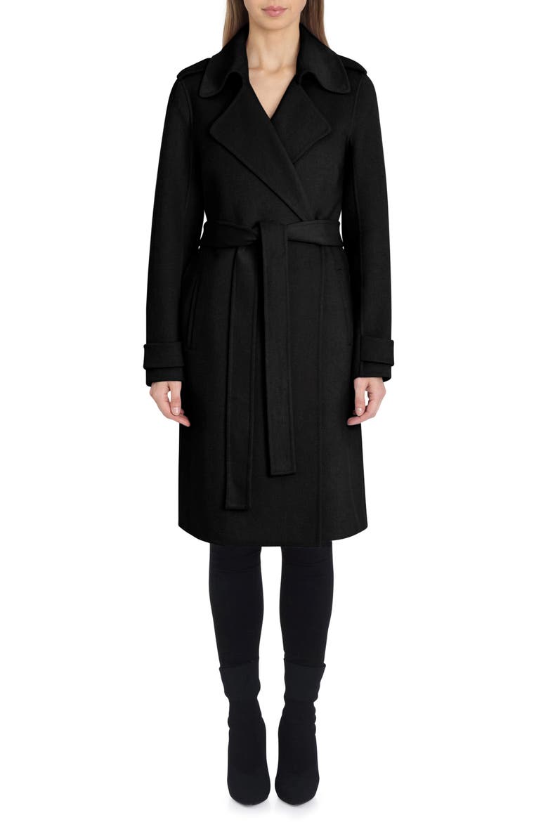 Badgley Mischka Double Face Wool Blend Wrap Front Coat, Main, color, BLACK