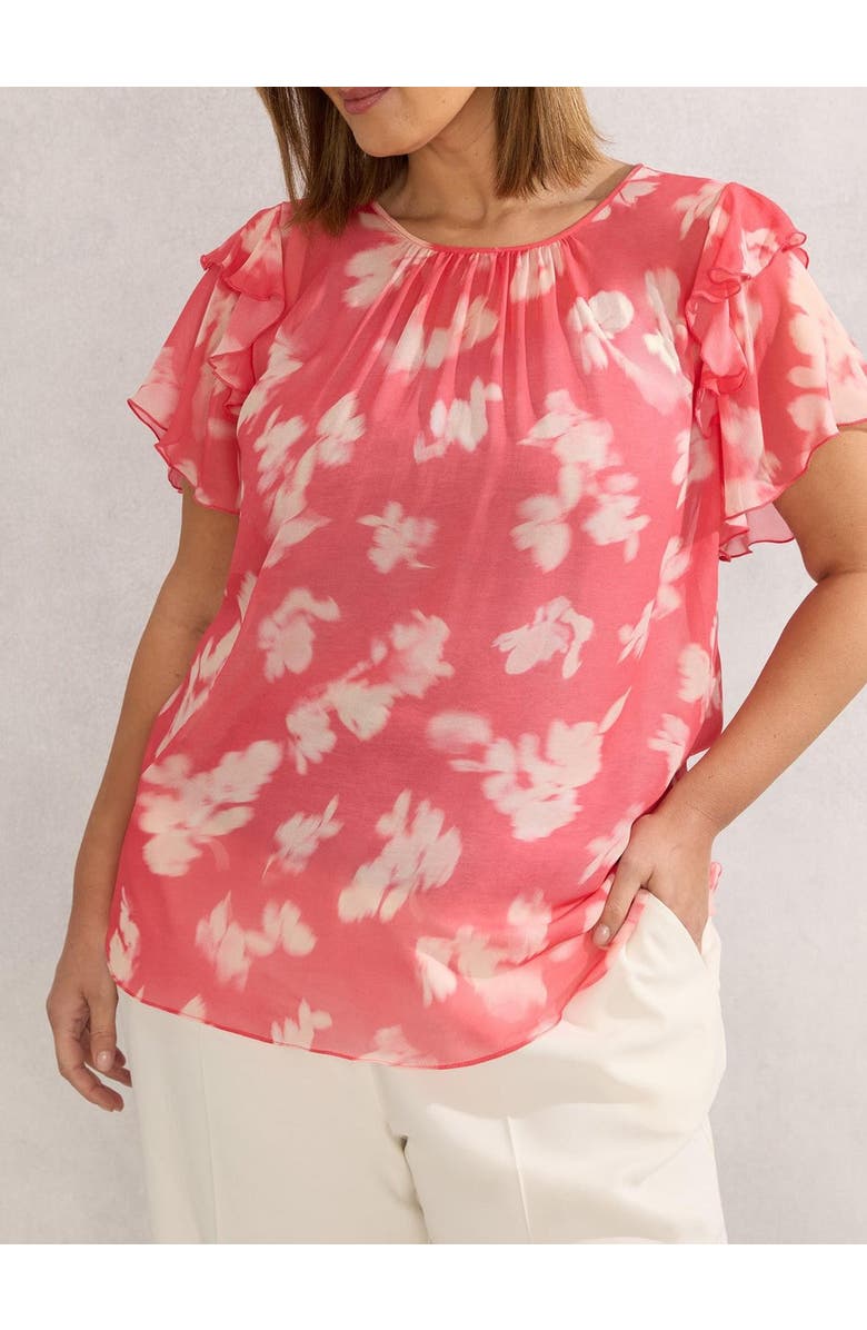 Live Unlimited Floral Print Ruffle Overlay Blouse, Alternate, color, Coral