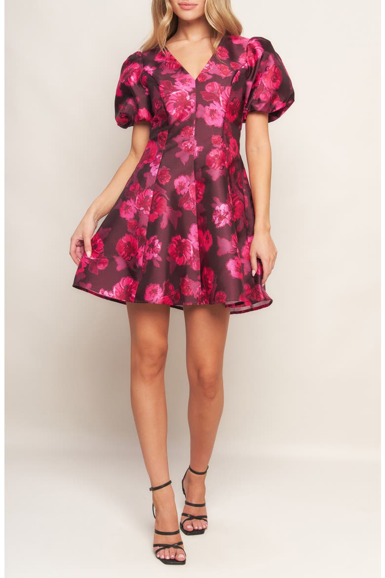 Puff Sleeve Fit and Flare Dress, Alternate, color, BURGUNDY