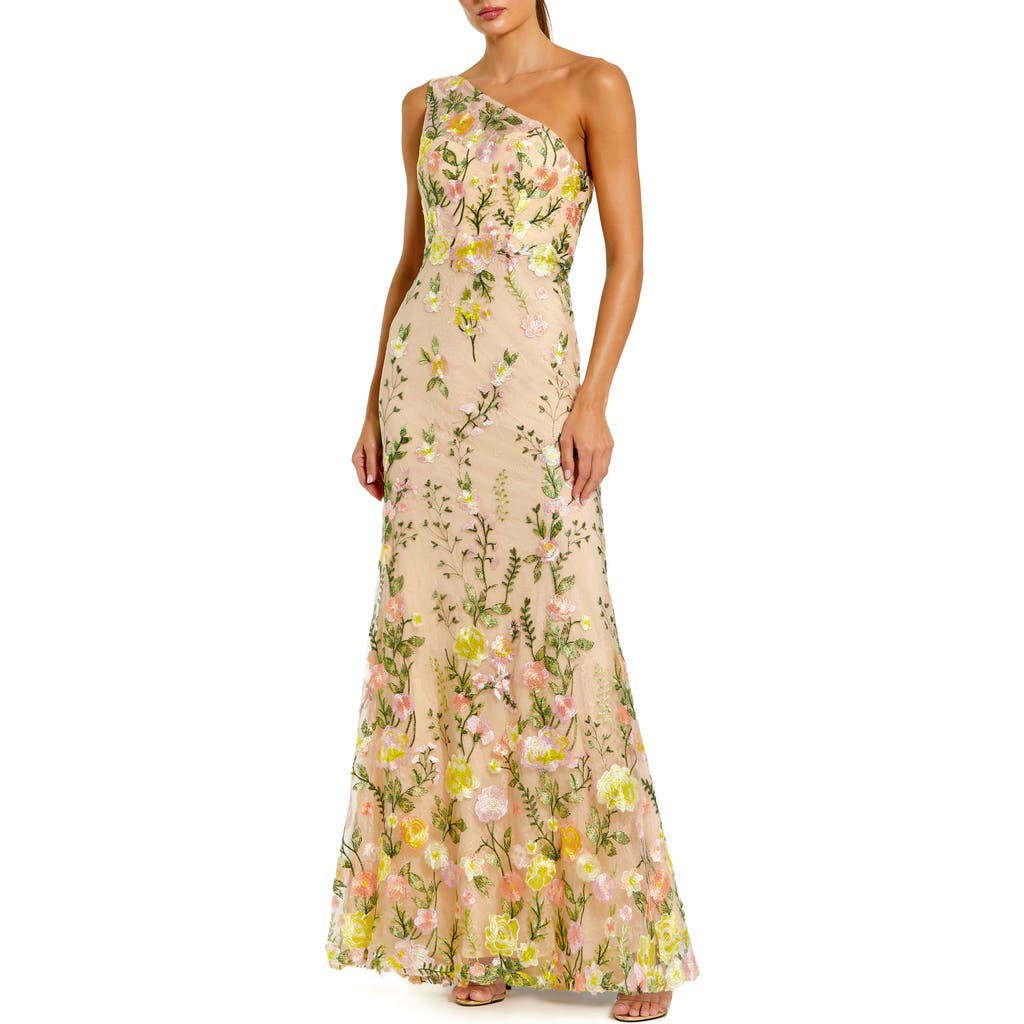 Mac Duggal One Shoulder Lace Embroidered Gown In Yellow Multi