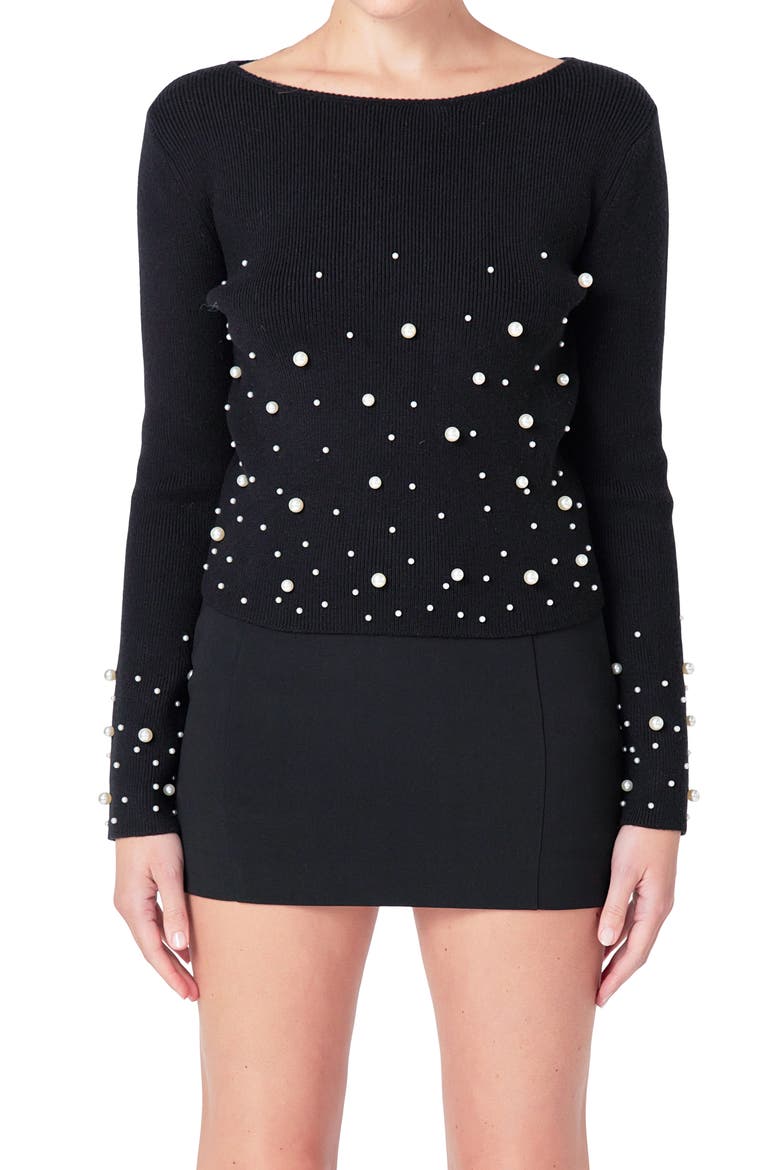 Imitation Pearl Embellished Sweater, Alternate, color, BLACK