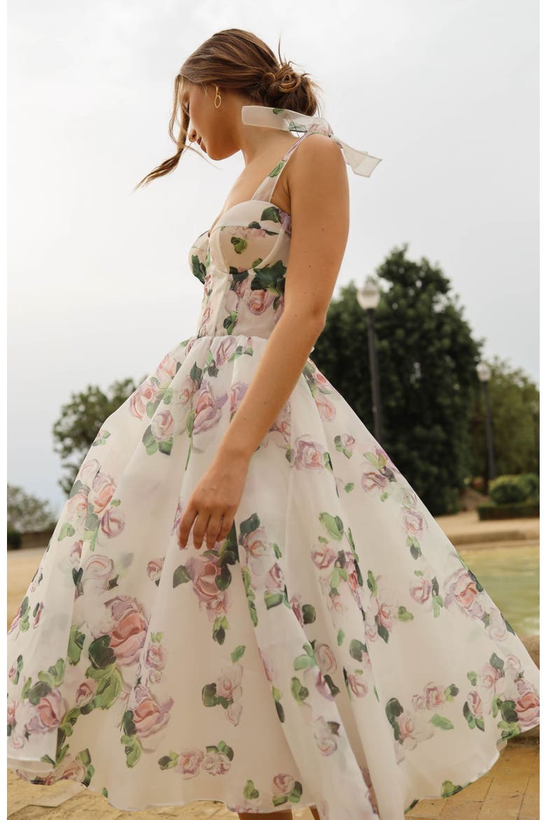 A-Line Satin Floral Midi Dress with Tie Straps for Cocktail Events, Alternate, color, Apple Blossom
