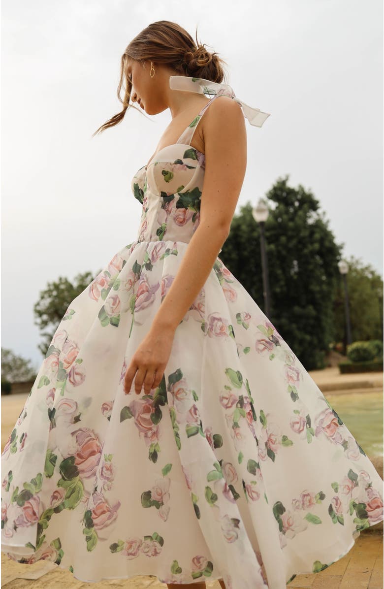Milla A-Line Satin Floral Midi Dress with Tie Straps for Cocktail Events, Alternate, color, Apple Blossom