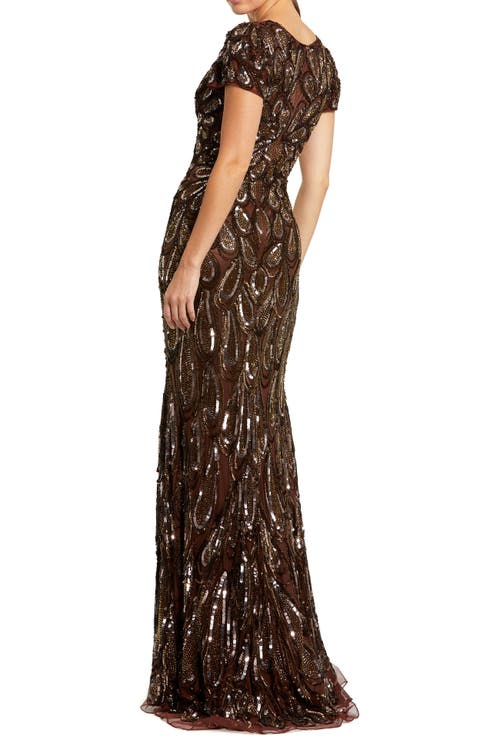 Mac Duggal Flutter Sleeve Faux Wrap V-neck Embellished Tea Length Dress In Brown