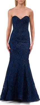 La Femme Mermaid Stretch Lace Dress with Bustier Top and Sheer Back