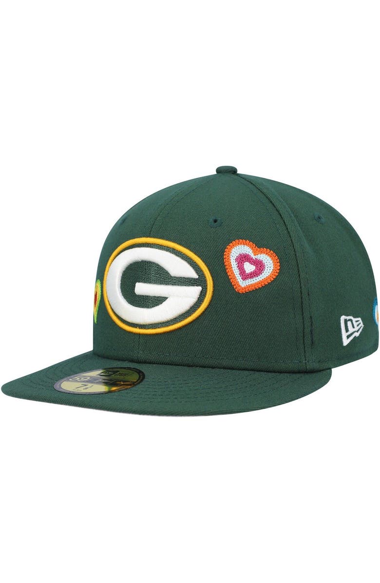 New Era Men's New Era Green Green Bay Packers Chain Stitch Heart 59FIFTY Fitted Hat, Main, color, Green