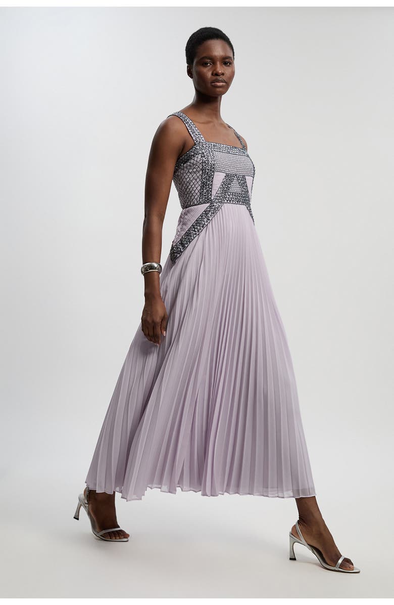 Karen Millen Petite Embellished Pleated Midi Dress, Main, color, Lilac