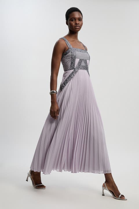 Petite Embellished Pleated Midi Dress
