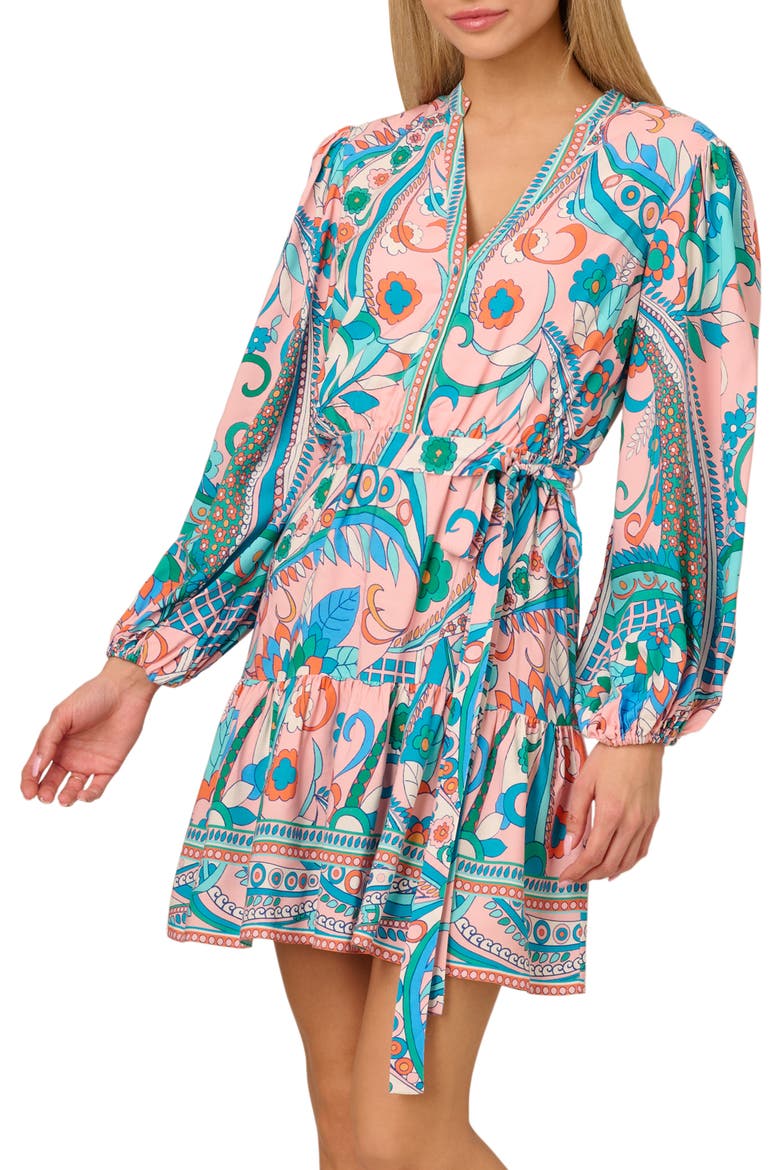 Print Tie Waist Long Sleeve Dress, Alternate, color, PEACH MULTI