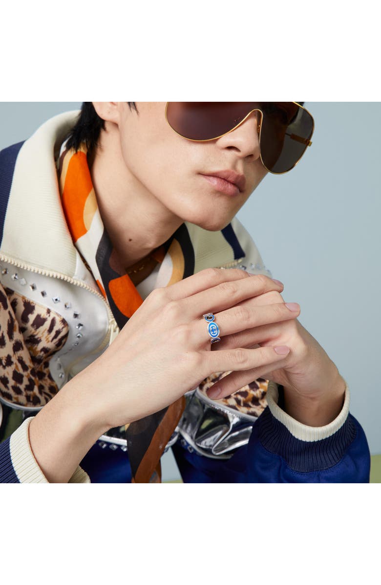 Gucci Interlocking-G Cutout Ring, Alternate, color, Sterling Silver/ Green