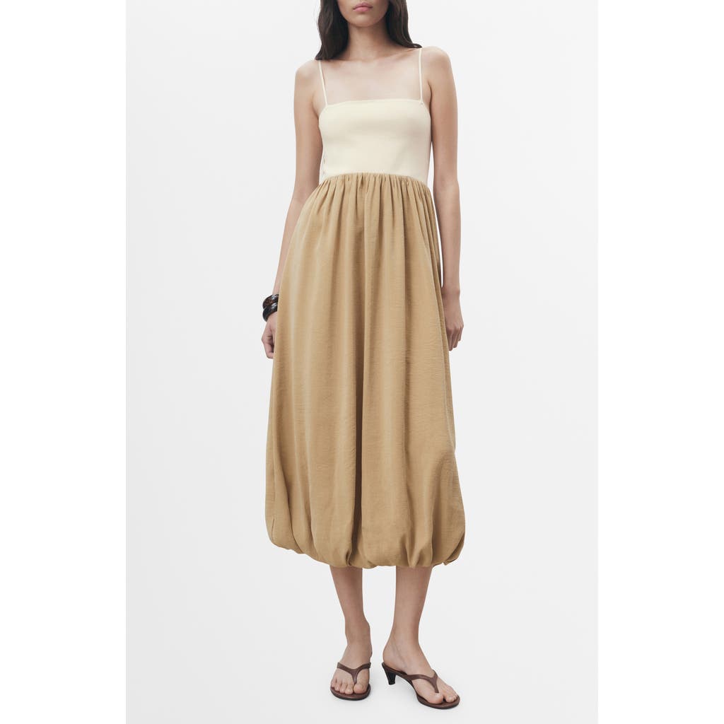 Mango Mixed Media Bubble Hem Midi Dress In Brown