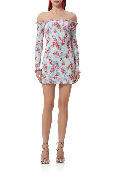 Peck Floral Off the Shoulder Smocked Long Sleeve Minidress