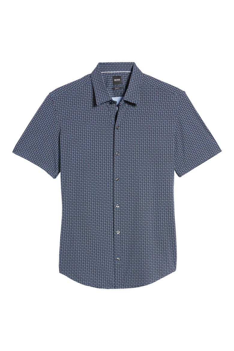 Robb Slim Fit Mini Floral Short Sleeve Button-Up Performance Shirt, Alternate, color, NAVY