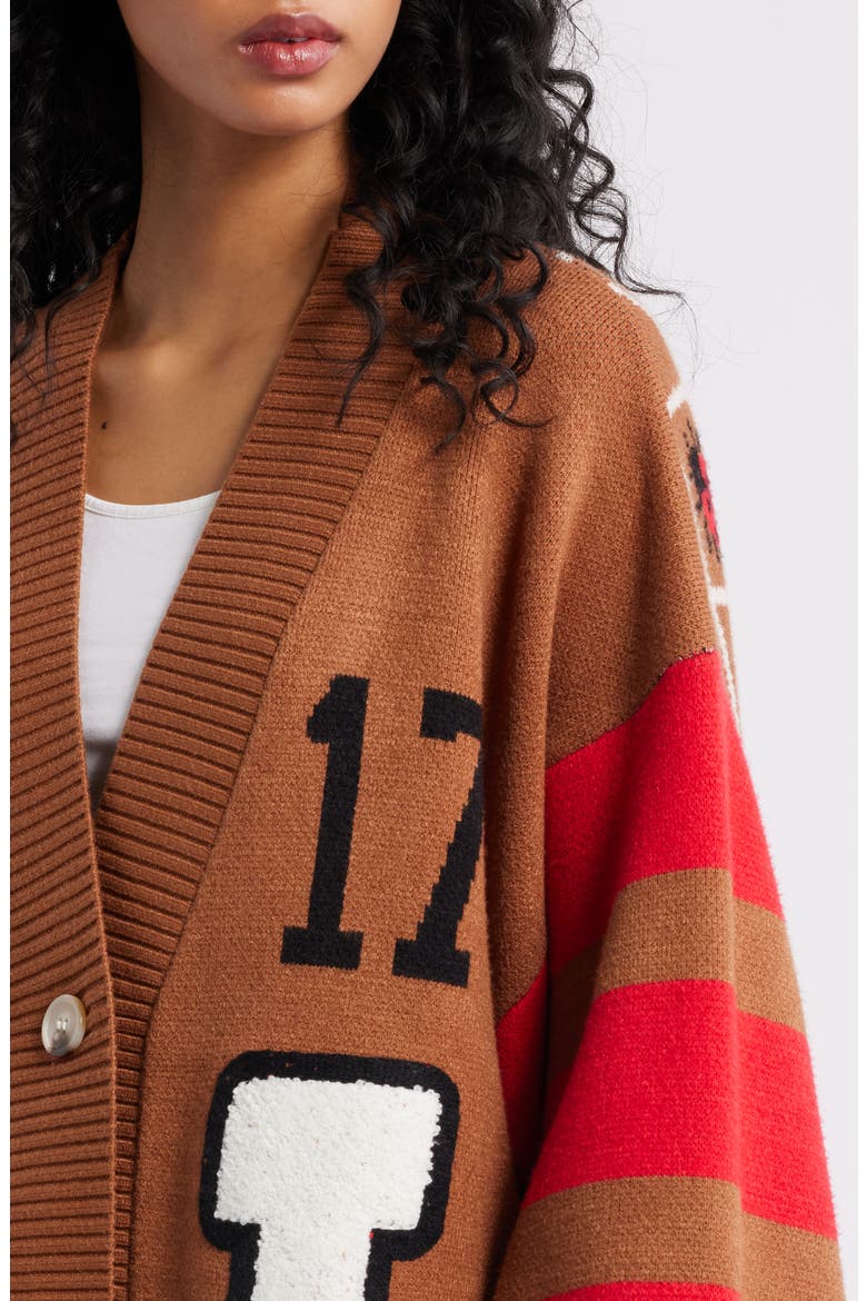 Ladybug Letterman Cardigan, Alternate, color, BROWN/RED