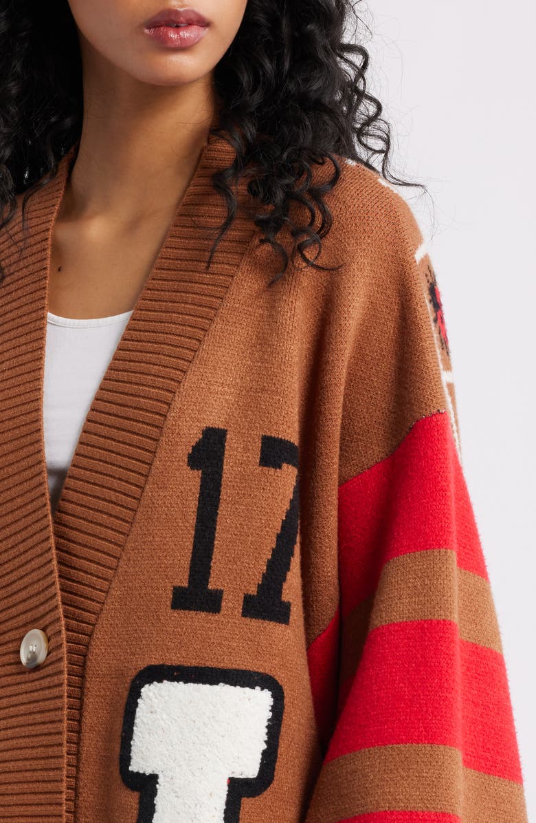 Dressed in Lala Ladybug Letterman Cardigan, Alternate, color, Brown/Red