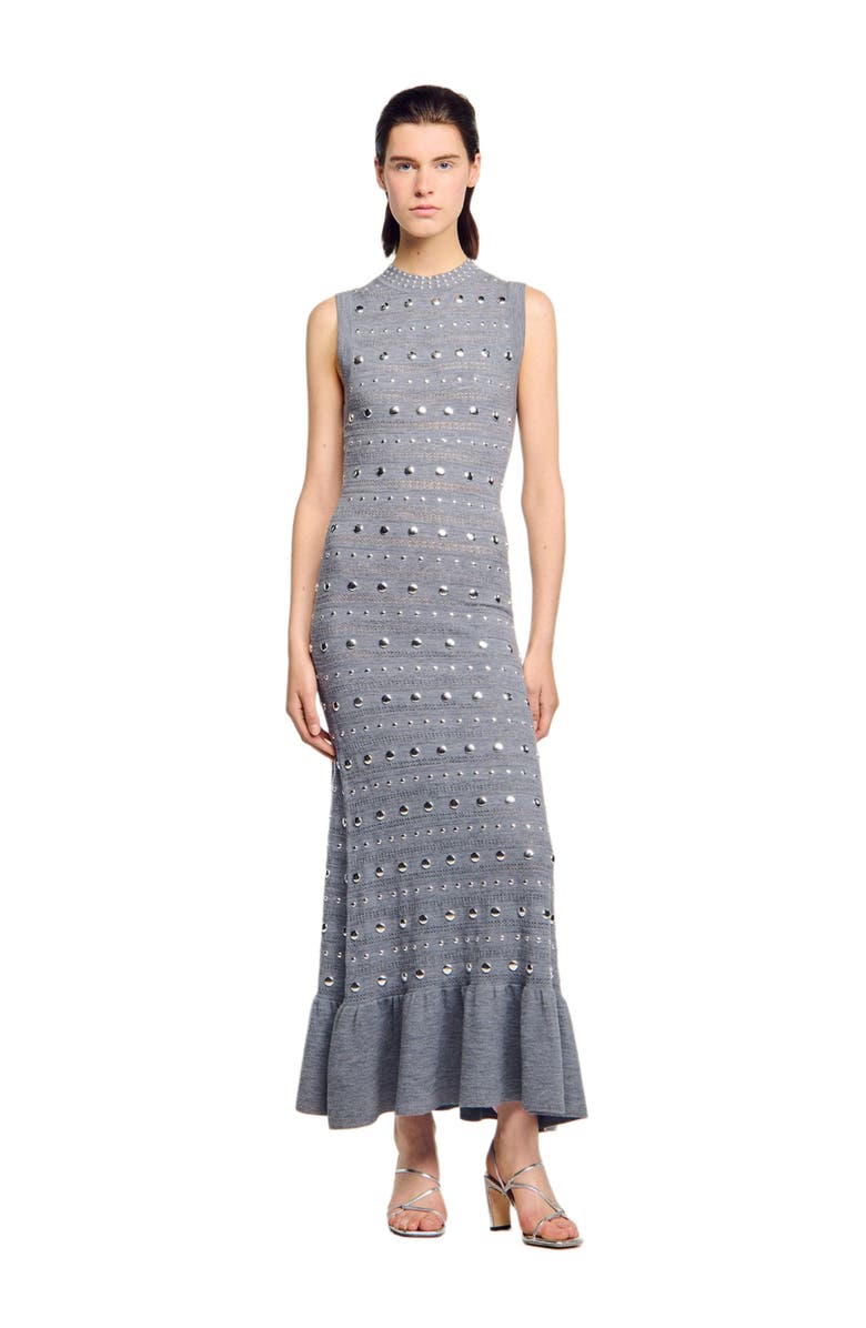 SANDRO Knit maxi dress with studs, Alternate, color, Grey