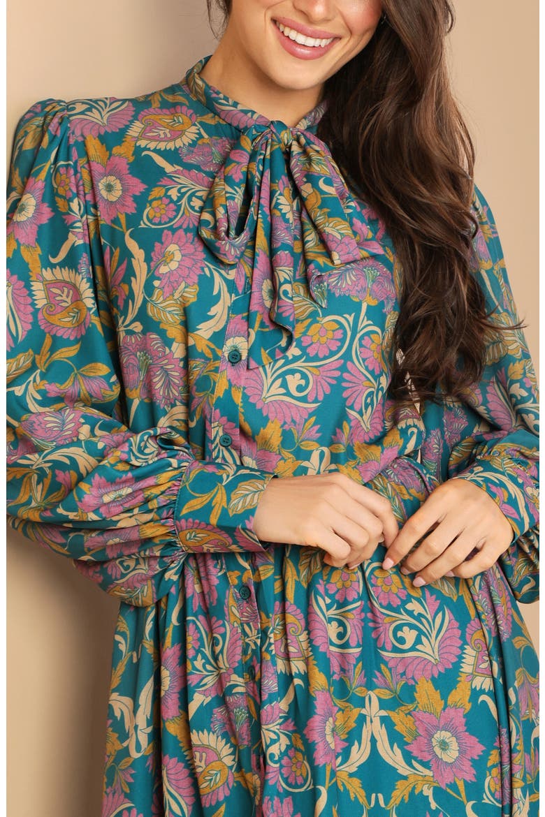 Tie Neck Long Sleeve Minidress, Alternate, color, TEAL