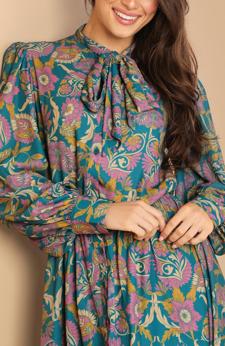 FLYING TOMATO Tie Neck Long Sleeve Minidress, Alternate, color, Teal