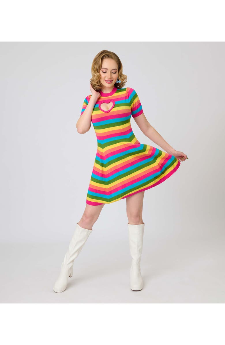 Smak Parlour Heart Cutout Flare Dress, Alternate, color, Pink W/ Rainbow Stripe