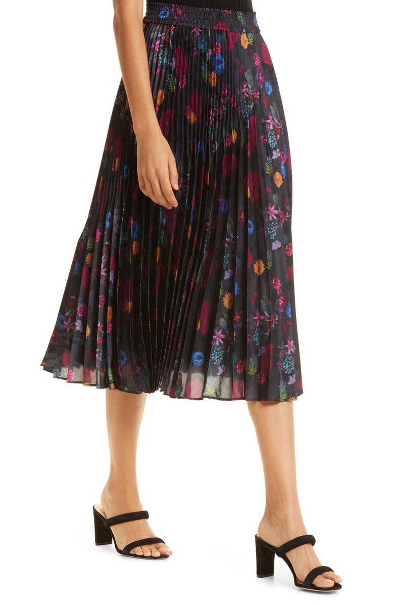 Club Monaco Pleated Floral Midi Skirt, Alternate, color, 