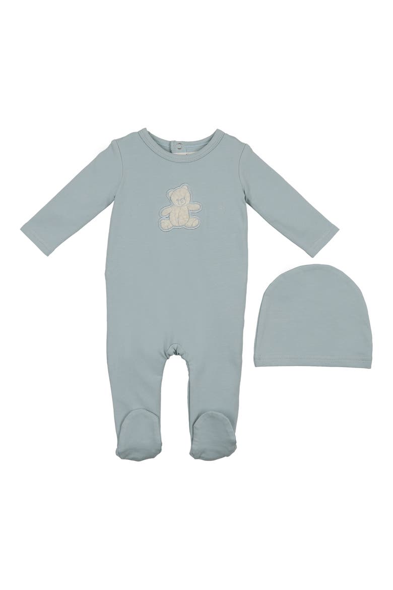 Bear Appliqué Footie & Beanie Set, Main, color, SKY BLUE