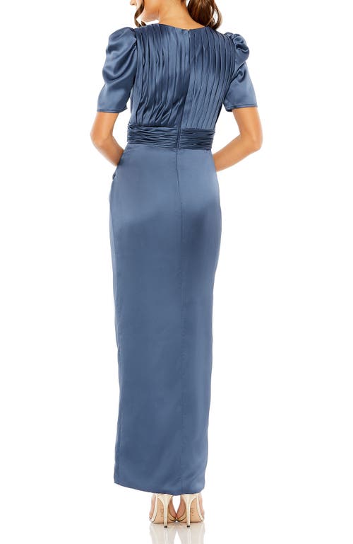 Mac Duggal Pleated Charmeuse Dress With Puff Sleeves And Draped Waist In Blue