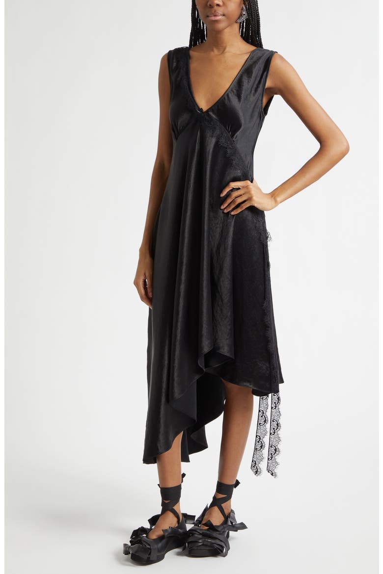 Tulip Asymmetric Lace Trim Satin Dress, Alternate, color, BLACK
