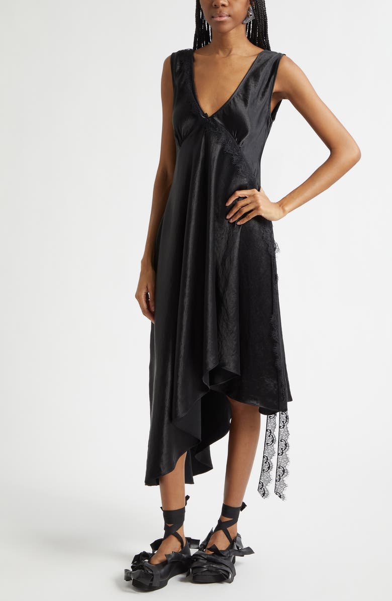 Collina Strada Tulip Asymmetric Lace Trim Satin Dress, Alternate, color, Black